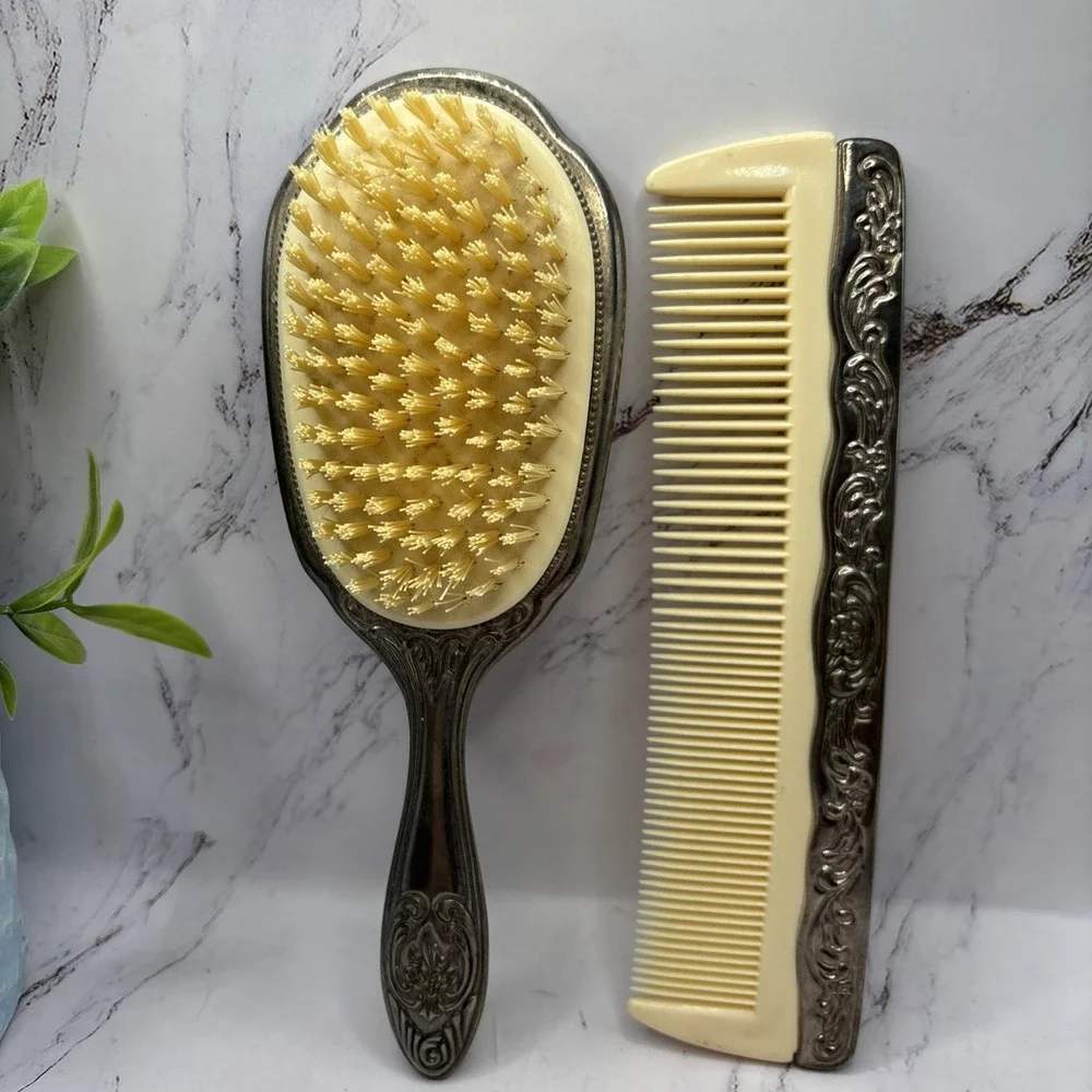 Vintage Ornate Silver Plate Hair Brush & Comb Set Vanity Dresser Collectible